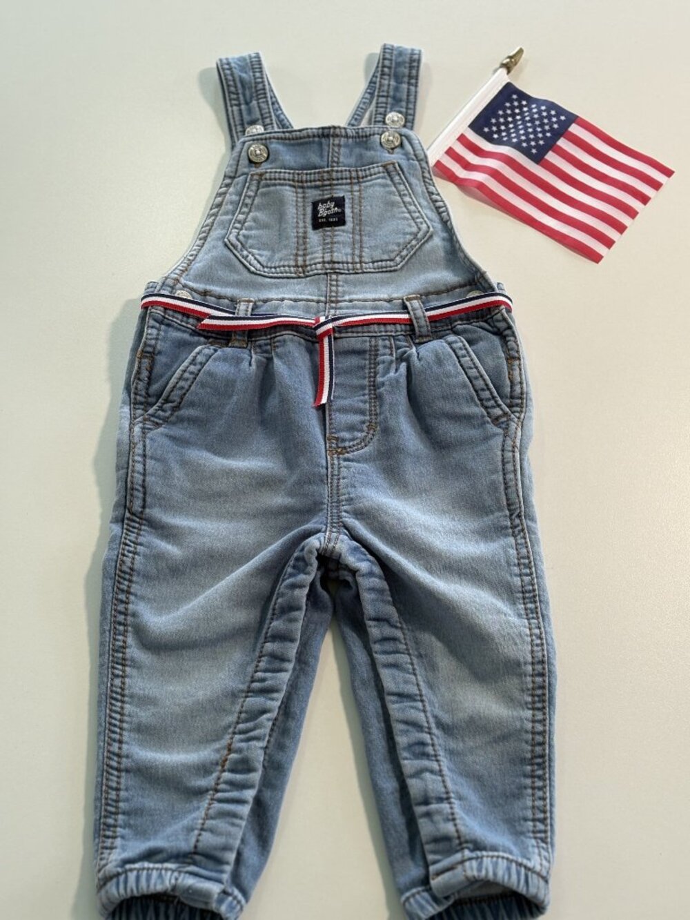 RARE Baby B'gosh Vestbak Denim Overalls - Size 12M - Patriotic Americana Trim